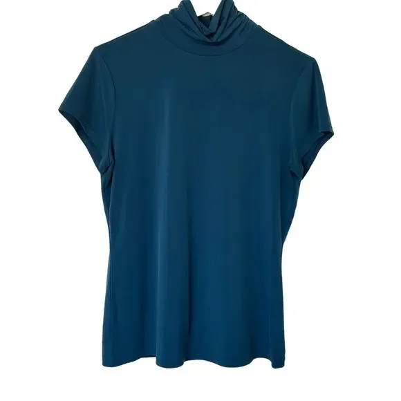 Alfani Wms Mock Neck Teal Blue Jersey Knit Top Size M Layering Minimalist Career - Picture 1 of 7
